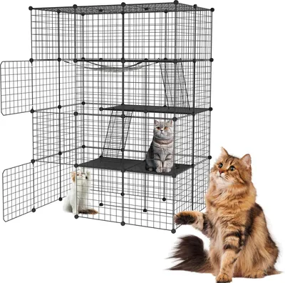 Produktbild von TRMLBE Katzenkäfig 4-stöckig Groß Katzengehege mit Hängematte, 146x110x74 cm DIY Kleintierkäfig Abnehmbares Metallkäfig Haustier Laufstall für Indoor Balkon