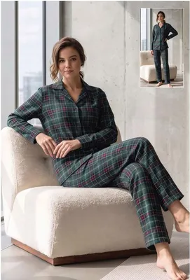 Produktbild von Damen Pyjama Schlafanzug Grün XXL aus Velours Lang mit Knöpfen Warm Winter 2 Teiler S-80