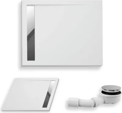A white shower tray and drain assembly are displayed against a white background.