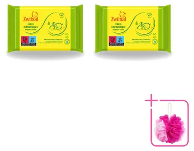 Imagen del producto de 2 paquetes de toallitas húmedas Zwitsal para bebés, formuladas para pieles sensibles, con 65 unidades por paquete. Paquete de 2 unidades