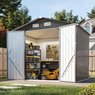 Produktbild von Gerätehaus Metall 235x171x196 cm wetterfest mit Doppeltür Satteldach abschließbar Braun