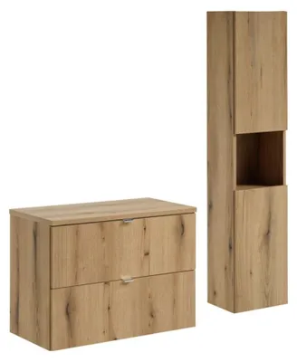 Immagine prodotto di Set da bagno sospeso VANO effetto rovere 110cm: mobile sottolavabo con cassetti + piano per lavabo + colonna