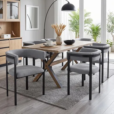 Immagine prodotto di Set di 6 sedie da pranzo Flieks, con schienale completamente avvolgente, rivestite in tessuto chenille, ideali per la cucina, imbottite, confortevoli e traspiranti, colore grigio