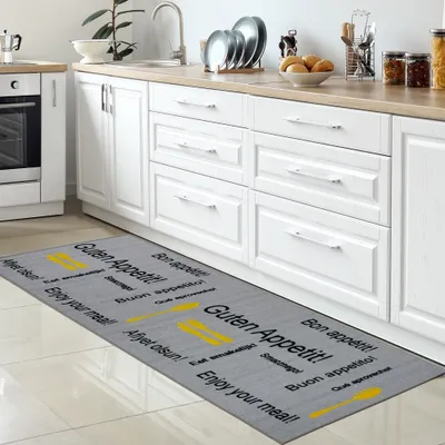 Produktbild von Küchenläufer in grau mit Gelrücken und schwarz-gelbem Schriftzug Größe - 80 x 300 cm