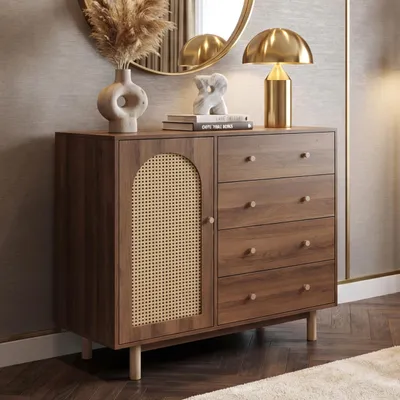 Produktbild von Kommode HWC-P52, Schrank Sideboard Highboard, Schubladen Staufächer, Poly-Rattan MDF Melamin 95x100x40cm  braun