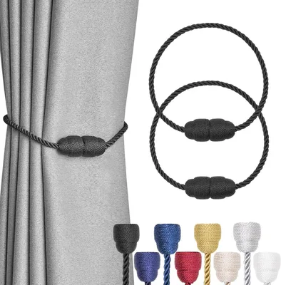 Produktbild von Set mit 2 magnetischen Gardinenhaltern aus handgeflochtenem Seil – elegant und dekorativ – für Zuhause und Büro – Schwarz