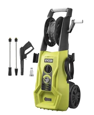 A Ryobi electric pressure washer with accessories is shown against a white background.