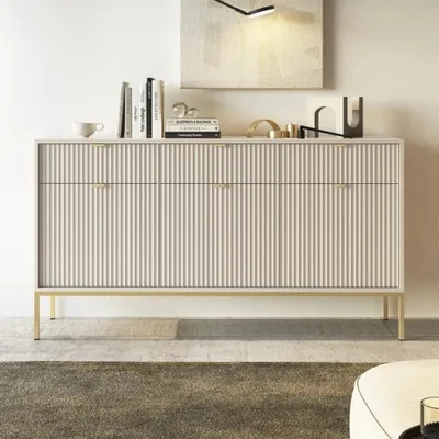 Produktbild von Sideboard Kioto 154 cm Kaschmir Beige & Gold – Rillenfront, Goldene Griffe, Soft-Close, Glamour