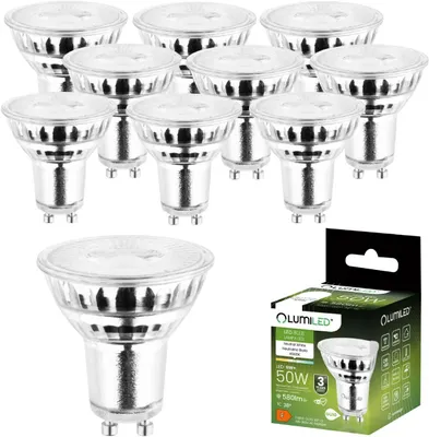 A group of LED light bulbs and a product box.