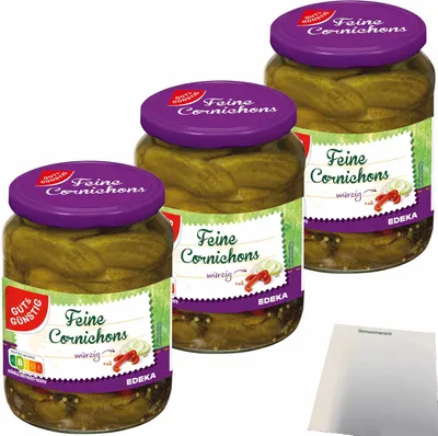 Produktbild von Gut & Günstig Cornichons würzig-pikant kleine feine Gurkensortierung 3er Pack (3x670g Glas) + usy Block