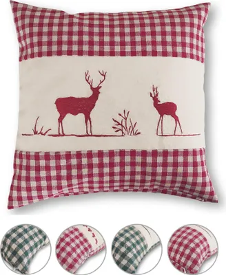 A pillow with a red and white gingham pattern and a central panel featuring embroidered deer.