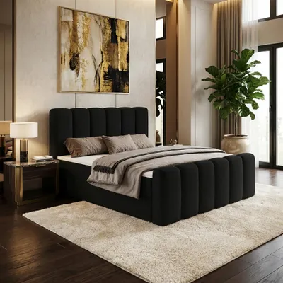 Produktbild von Boxspringbett NOLA 140x200 cm mit Bettkasten inkl. Bonell-Federkernmatratze H3 und Topper – Bouclé-Stoff LAMBI Schwarz