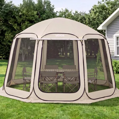 Produktbild von VEVOR Bildschirmhaus Zelt, 3660 x 3380 x 2300 mm, 10-12 Personen Pop-Up Bildschirmzelt, tragbares Zelt mit Tragetasche, Netzseiten, Erdnägel, für Garten, Terrasse, Outdoor-Aktivitäten, Beige, 365.76x335.28x230 cm-mit erweitertem Markise