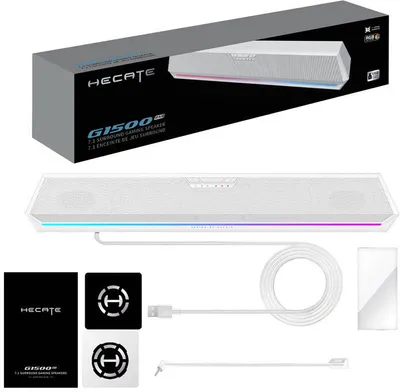 A collage of product images showing the soundbar, its packaging, and accessories.