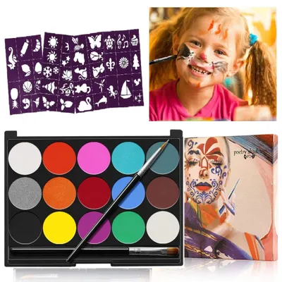 Obrázek produktu pro Barva na obličej, 15 barev sada dětských make-upů, netoxická vodou ředitelná, 40 šablon 2 štětce, barva na make-up Sada malování na tělo pro dospělé děti make-up Halloween karneval maškarní cosplay