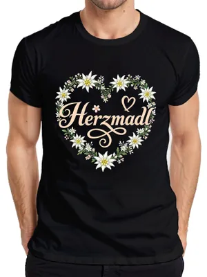Obrázek produktu pro Tričko s motivem "Herzmadl Edelweiss Blumenherz Tracht Bayern Wiesn Lederhose Alpen", černé barvy, velikost XL