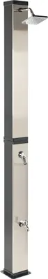 A modern outdoor shower column with a shower head and two taps, presented against a white background.