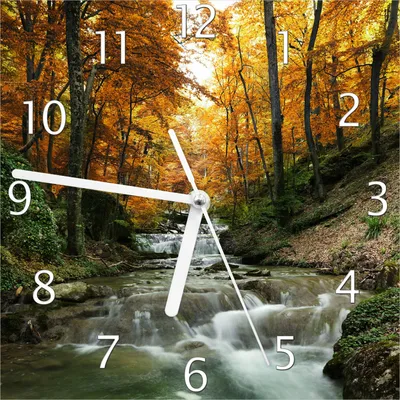 Produktbild von Wallario Design Wanduhr Kleiner Bach über Steine im Herbstwald aus Echtglas, Größe 20 x 20 cm