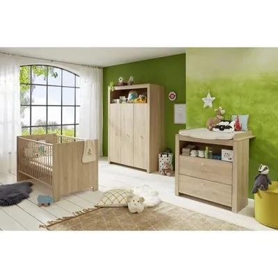 Image de OLIVIA SONOMA Chambre bébé complète : lit 70 * 140 cm + commode + armoire - Chêne naturel