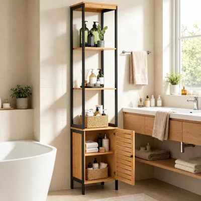 Immagine prodotto di Armadio alto per bagno, in bambù naturale, dimensioni 34 x 32 x 173 cm