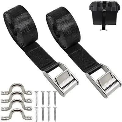 Image de Kit de sangles de tension - Ensemble de 14 pièces - 2 sangles réglables de 1,5 m - 4 clips en acier inoxydable - 8 vis de montage - noir
