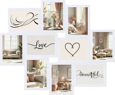A collage of framed pictures, some showing interior decor and others with text like 'Love' and 'Beautiful'.