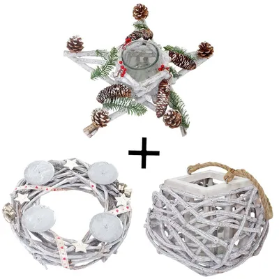 Obrázek produktu pro sada 3 adventních věnců + lucerna + květinové aranžmá, vánoční dekorace stolní věnec hvězda se skleněnou vložkou