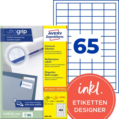Produktbild von Avery Zweckform 3666-200, Universal-Etiketten, A4, Qualitätsdruck mit: ultragrip, 38 x 21,2 mm, 14.300 Etiketten / 220 Bögen, weiß