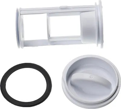 A white washing machine drain filter and a black rubber seal are displayed against a white background.