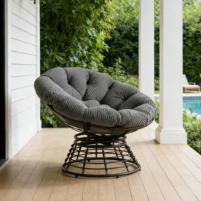 Produktbild von LVHOM Papasansessel 360° Drehbar, Loungesessel mit Kissen, Drehsessel mit Metallgestell, Lesesessel Cordstoff für Wohnzimmer & Outdoor, 92x67cm, Grau