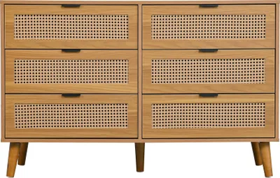 Produktbild von Merax Kommode Sideboard mit 6 Schubladen und Massivholzbeine, Sideboard Rattan geflecht, Schubkastenkommode Holz Wohnzimmerschränke 120x40x76.5cm