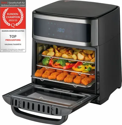 A black air fryer oven with food inside, placed on a white background with a promotional badge on the left.