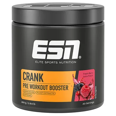 A black tub of ESN Crank Pre Workout Booster with berry illustration.