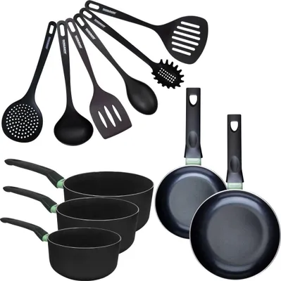 Image de Set de 2 poêles 16 et 20 cm, 3 casseroles céramique 16, 18 et 20 cm et 6 ustensiles Fackelmann Brandao