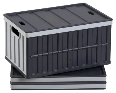Produktbild von Klappboxen 65 L 3er-Set - Faltbare Aufbewahrungsboxen aus Kunststoff - Stapelbar - Mit Deckel - Tragkraft 38 kg Pro Box - Grau/Schwarz