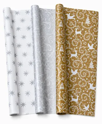 Zdjęcie produktu dla Papier prezentowy Benza – 3 rolki, każda o wymiarach 70 × 200 cm – złoty, srebrny i biały – 6 metrów papieru prezentowego, Obraz wygenerowany przez AI