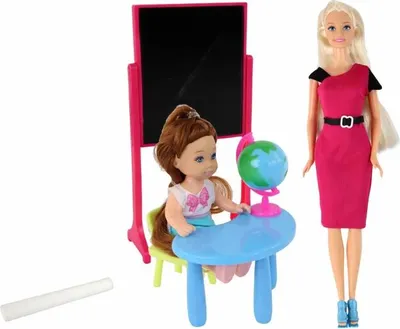 Productafbeelding van LEAN Toys 15175 Poppenset: juf met leerling en schoolspullen