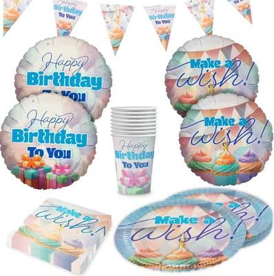 Produktbild von Happy Birthday Pastell – Partyset 41-tlg. mit Tellern, Bechern, Servietten & Ballons