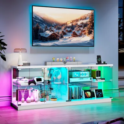 Productafbeelding van Glazen vitrine met LED-verlichting en glazen deuren, TV-kast met sensortechnologie, wit, RGB
