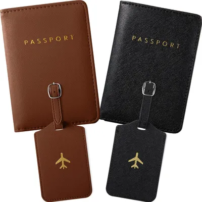 Immagine prodotto di 2 portafogli per passaporto e 2 etichette per bagagli, portapassaporto e portachiavi per valigia (marrone, nero)