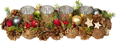 Image de Ikebana de Noël MagicHome, naturelle, de l'Avent, avec coupelles dorées, 15x44x9 cm