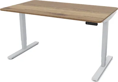Produktbild von ASSMANN Elektrisch höhenverstellbarer Schreibtisch Y-Line Curved Eiche Tabak Weißaluminium, 140x70cm, Memoryfunktion, 2-fach-Motorik