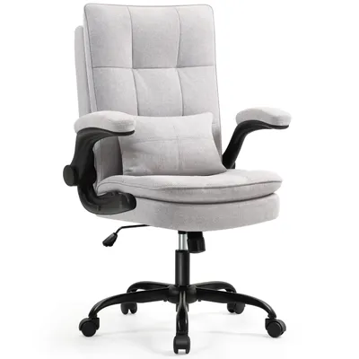 Produktbild von Ergonomischer Bürostuhl aus Stoff mit 125° Wippfunktion, Lendenkissen, klappbaren Armlehnen, höhenverstellbar, 360° drehbar, Hellgrau
