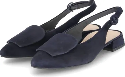A pair of navy blue suede slingback ballet flats with a decorative flap on the toe and an adjustable ankle strap.