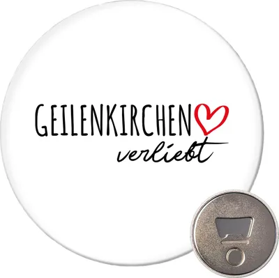 Produktbild von Huuraa Magnet Geilenkirchen verliebt 59mm Kühlschrankmagnet rund Flaschenöffner Geschenkidee