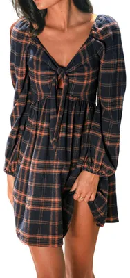 Produktbild von CUPSHE Damen Herbstkleid Langarm V-Ausschnitt Schleife Kariert Kleid NavyL