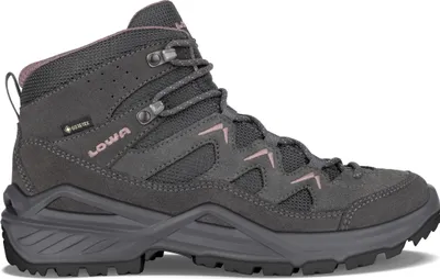 A single grey hiking boot with pink accents, shown from the side against a white background.