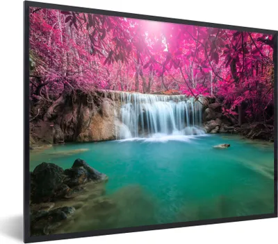 Produktbild von MuchoWow® Gerahmtes Poster Wasserfall - Baum - Rosa - Natur 80x60 cm - Poster mit Schwarzem Bilderrahmen Wandposter Rahmen Foto Bilder - Schwarzem - Mit Gestell