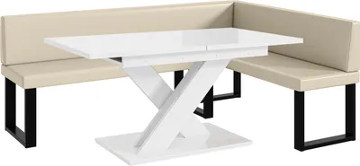 Produktbild von MEBLINI Eckbank für Esszimmer mit ausziehbarem Tisch  - Küchenbank - Essecke - Sitzecke Küche - TONI - U-Beine 142x196x87cm Rechts - Creme Kunstleder/B Weiß Hochgl.
