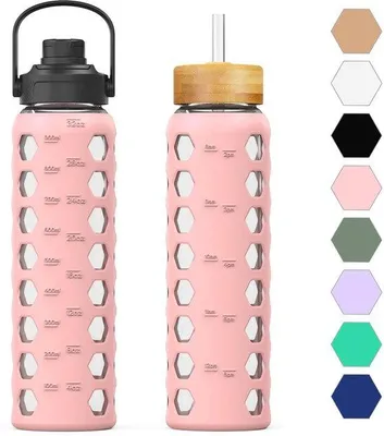 Productafbeelding van 950 ml Glazen Waterfles met Rietje en Deksels